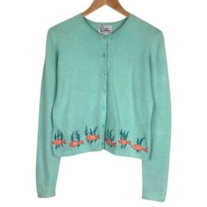 VTG Lilly Pulitzer Embroidered Beaded Cardigan Sweater Sz M Mint Green Fish Sea